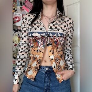 Western 70s long sleeve collard patterned button up Small
